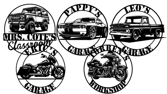 Custom metal garage sign with vintage car design made in the USA