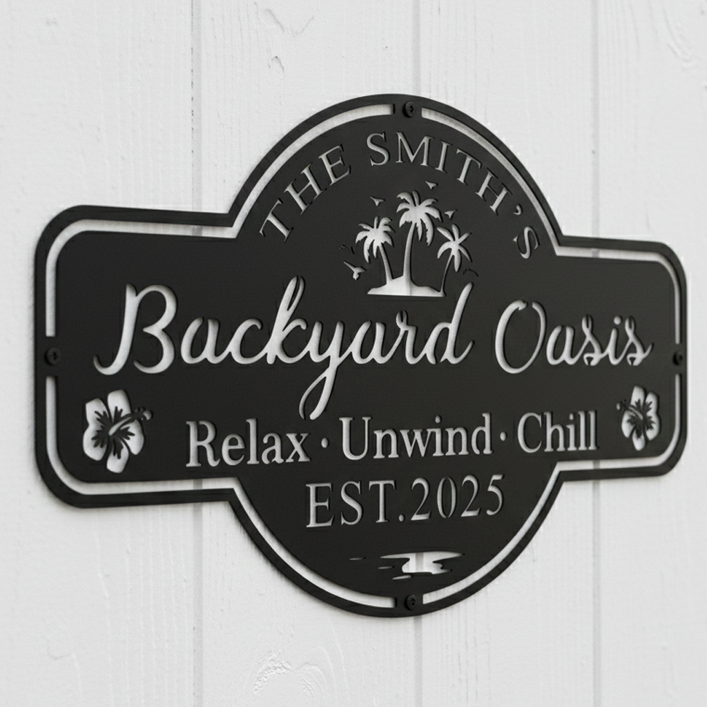 custom backyard oasis metal sign