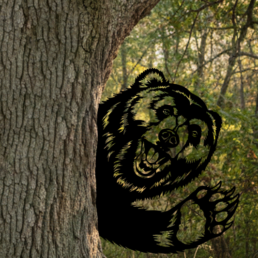 peek a boo waving bear metal sign