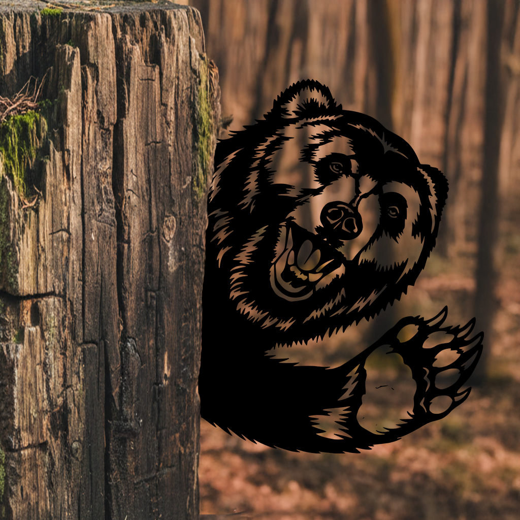 friendly waving bear outdoor metal art