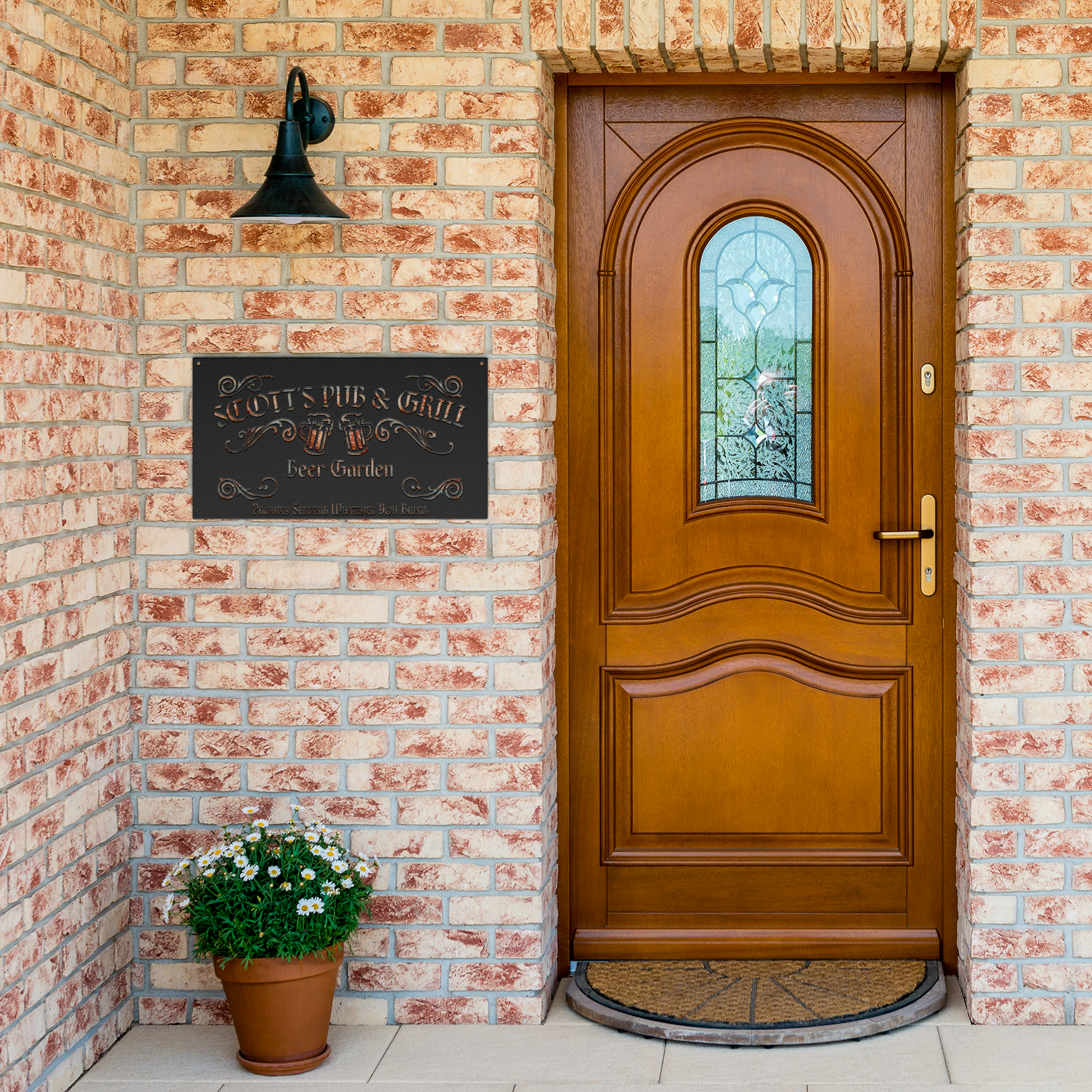 Beer_Garden_Pub_and_Grill_Metal_Sign__Black_Brick_Entrance_Mockup.png