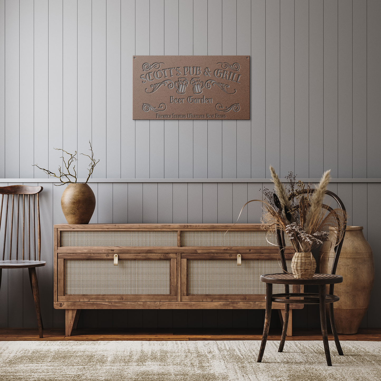 Beer_Garden_Pub_and_Grill_Metal_Sign__Copper_Rustic_Hallway_Mockup.png