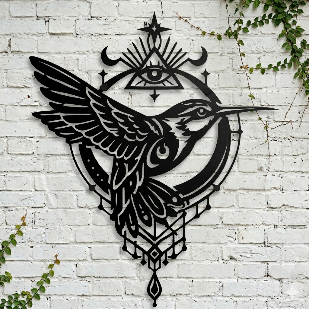 Black celestial hummingbird metal wall art front view no background