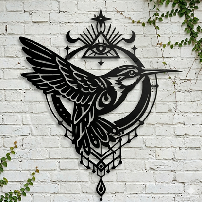 Black celestial hummingbird metal wall art front view no background