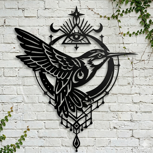 Black celestial hummingbird metal wall art front view no background