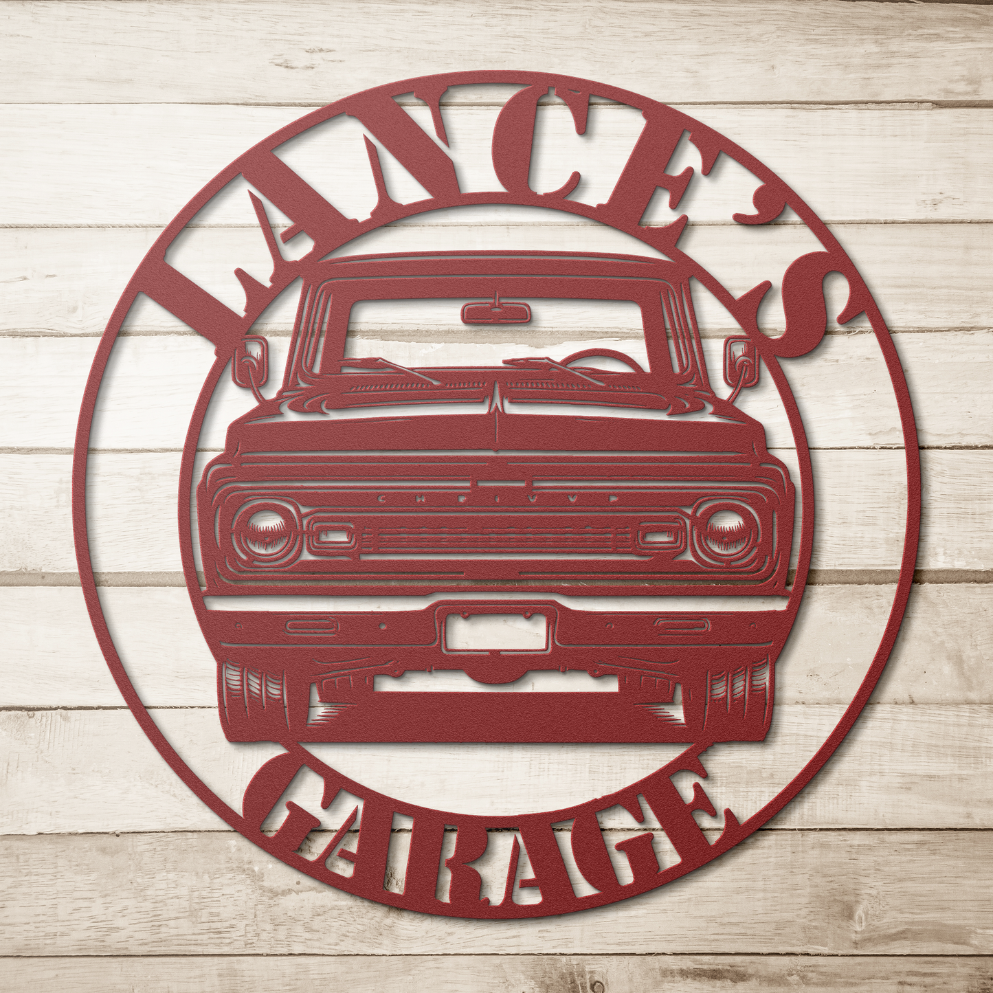 Close-up of classic Chevy truck design with custom name