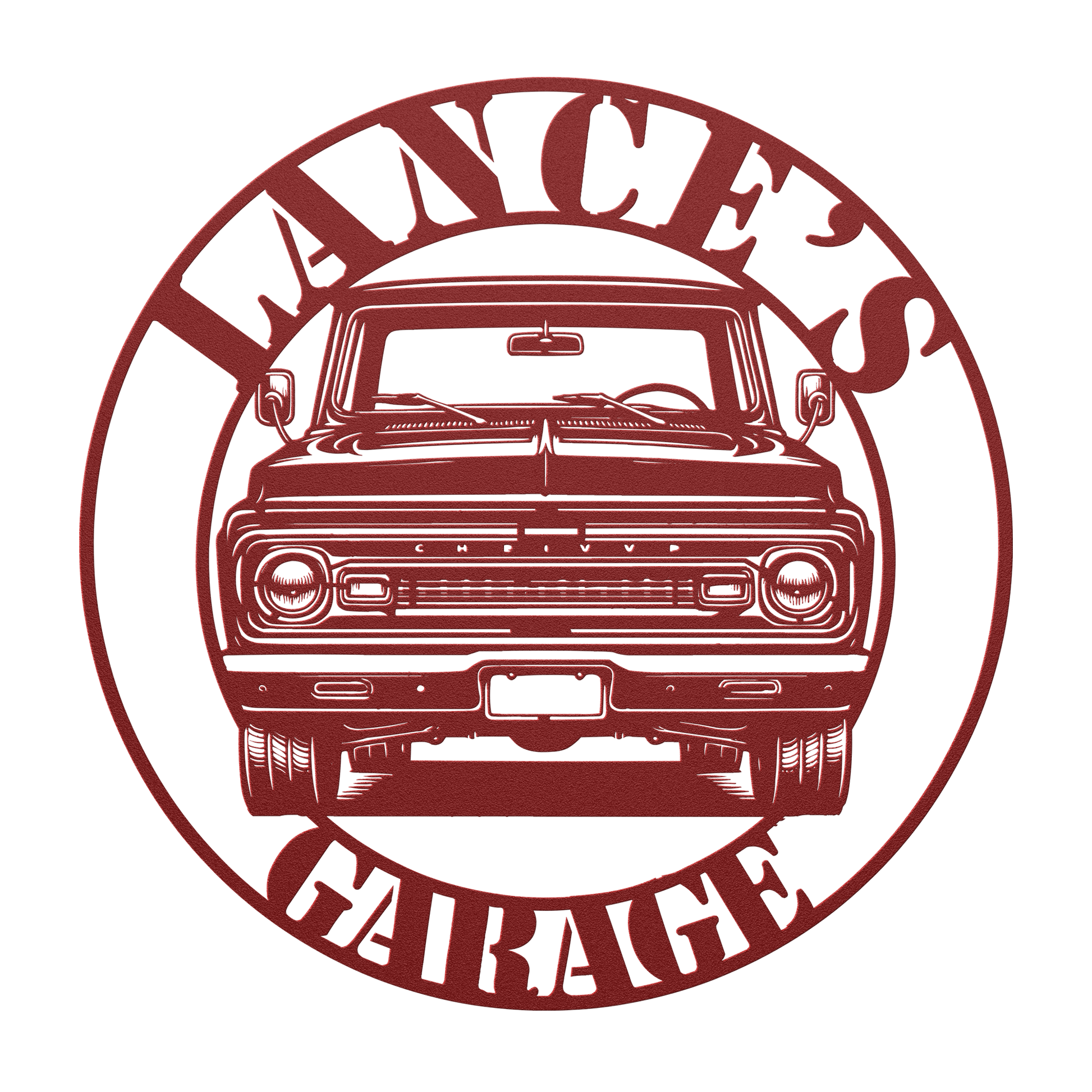 Workshop display with custom Chevrolet metal wall sign