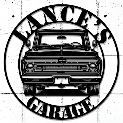 Chevy Truck Metal Sign in black mounted in a rustic garage