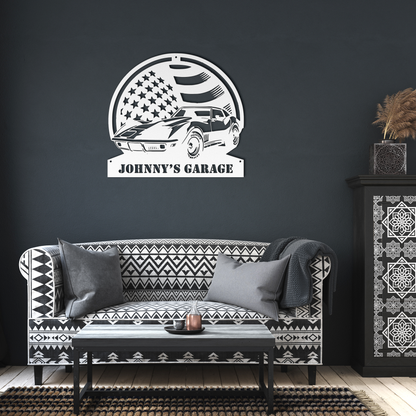 American Flag Corvette Stingray Garage Sign – Custom Metal Artwork