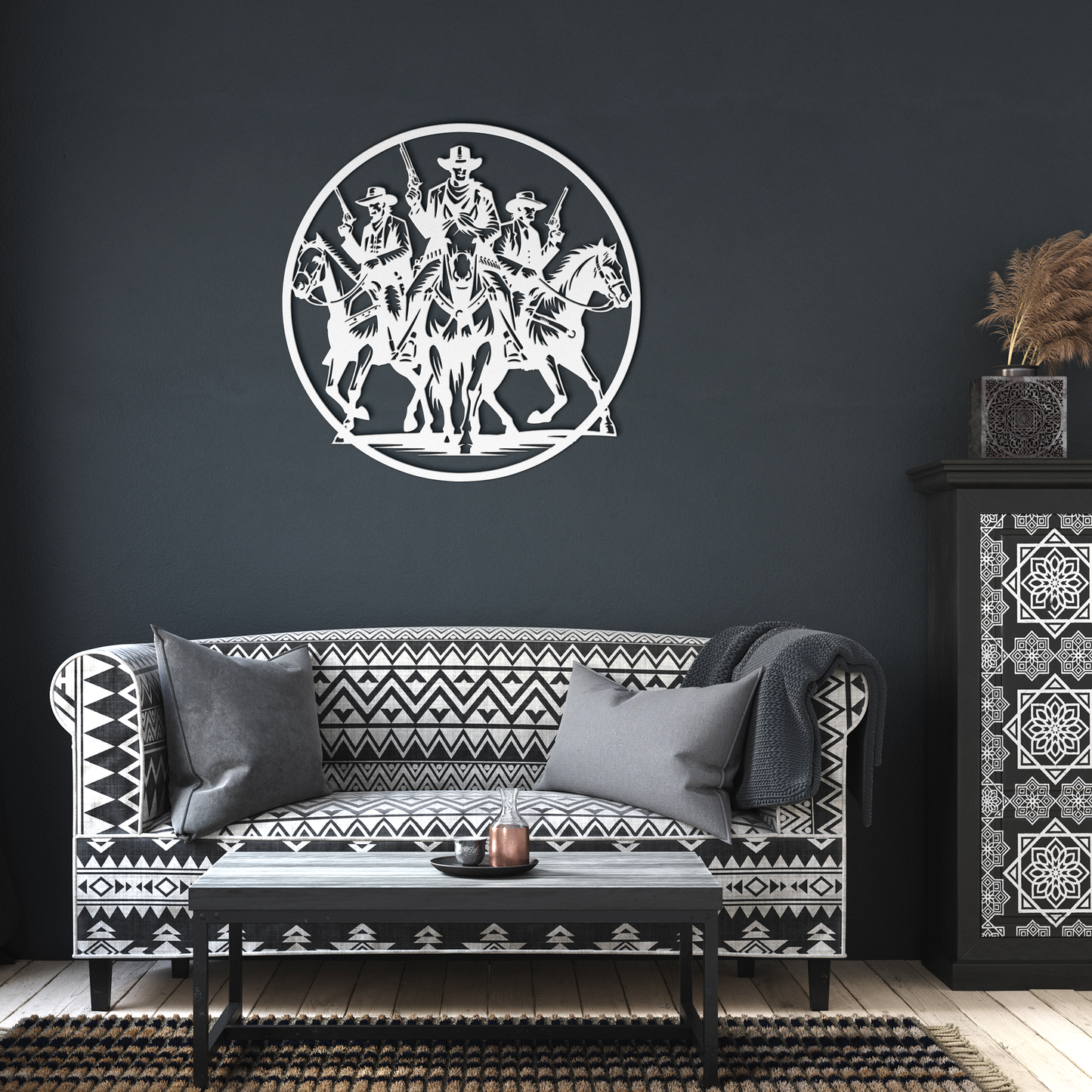 Cowboy_Posse_Metal_Wall_Art__Rustic_Wes_White_Dark_Living_Room_Mockup.png