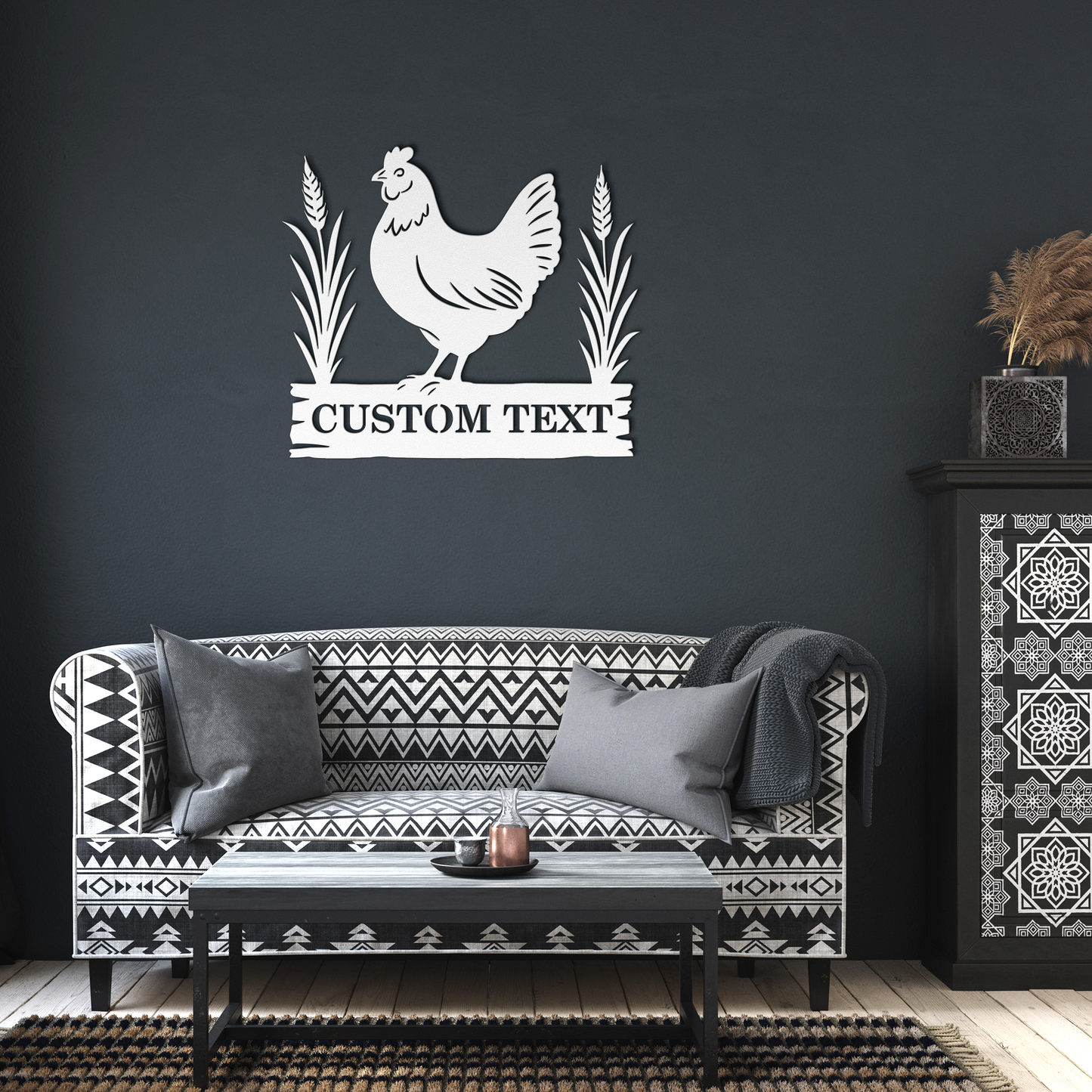 Custom_Chicken_Farm_Metal_Sign_Hen_Hous_White_Dark_Living_Room_Mockup.png
