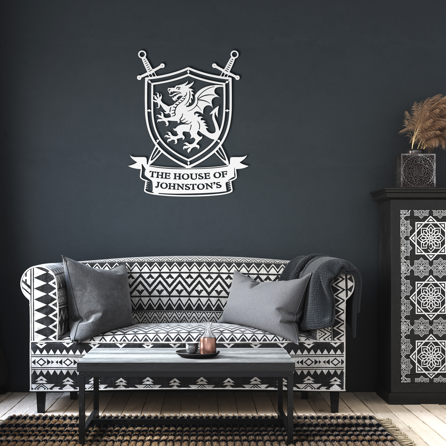 Custom_Family_Dragon_Crest_Metal_Sign___White_Dark_Living_Room_Mockup.png