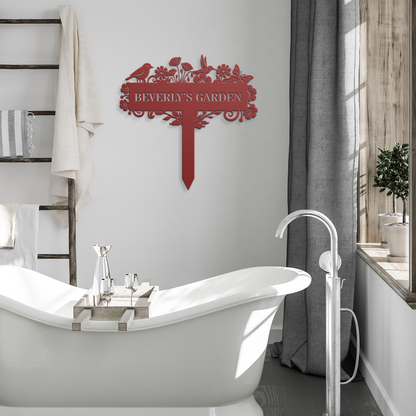 Custom_Metal_Bird_and_Flower_Garden_Sign_Red_Modern_Bathroom_Mockup.png
