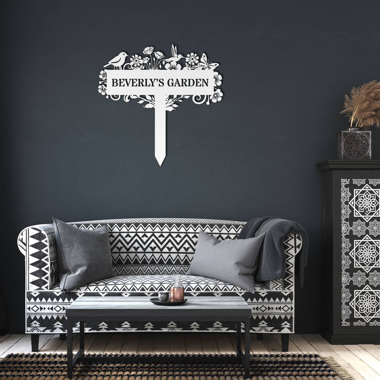 Custom_Metal_Bird_and_Flower_Garden_Sign_White_Dark_Living_Room_Mockup.png