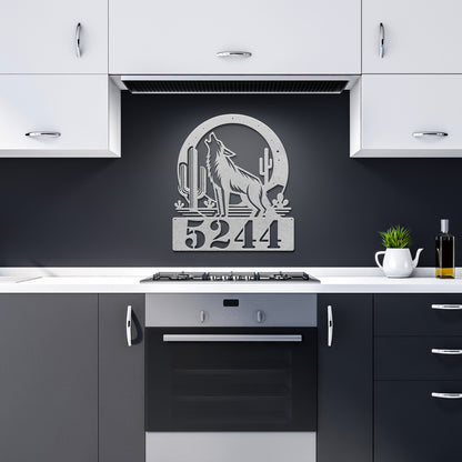 Desert Moon Custom Metal Address Sign with Cactus and Coyote Design