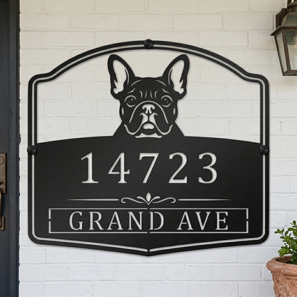 French Bulldog metal address sign with custom house number