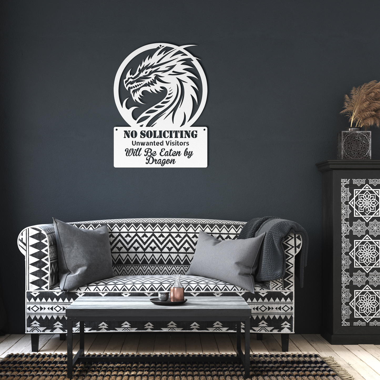 Funny_No_Soliciting_Sign__Dragon_Will_E_White_Dark_Living_Room_Mockup.png
