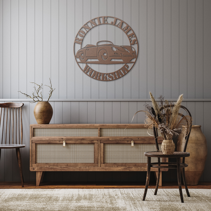 German_Sports_Car_Speedster_Metal_Sign__Copper_Rustic_Hallway_Mockup.png