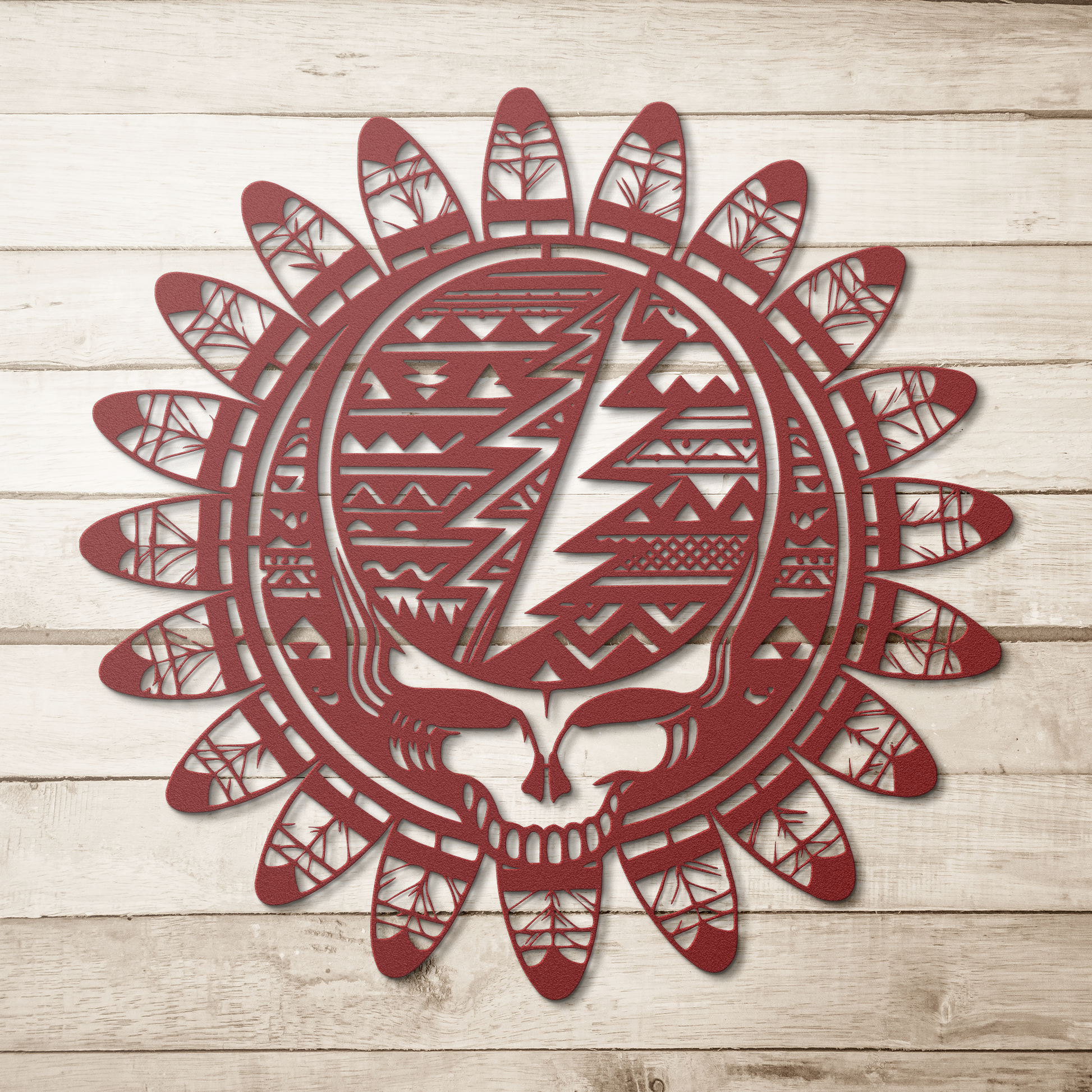 Southwest Grateful dead inspired steel wall decor with feather details