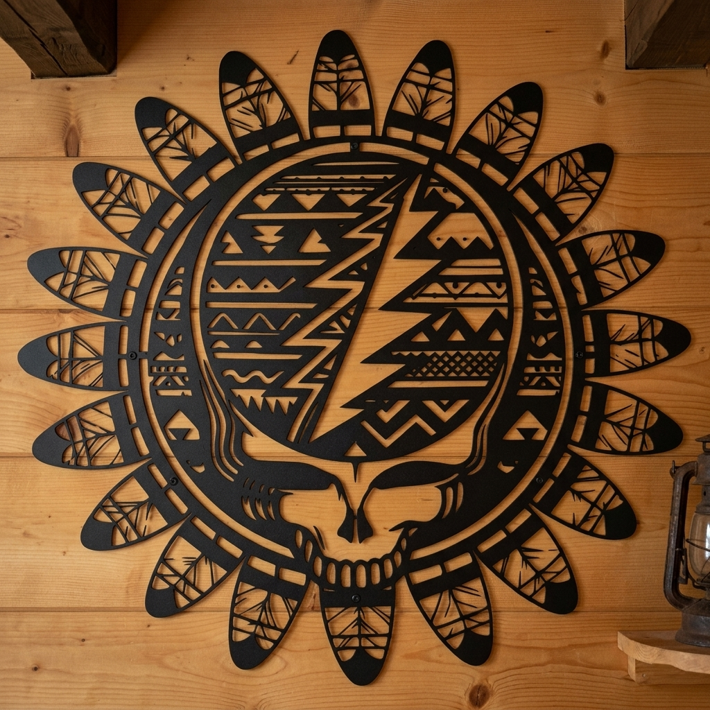 Grateful Dead Steal Your Face feather warrior shield metal wall art for statement decor