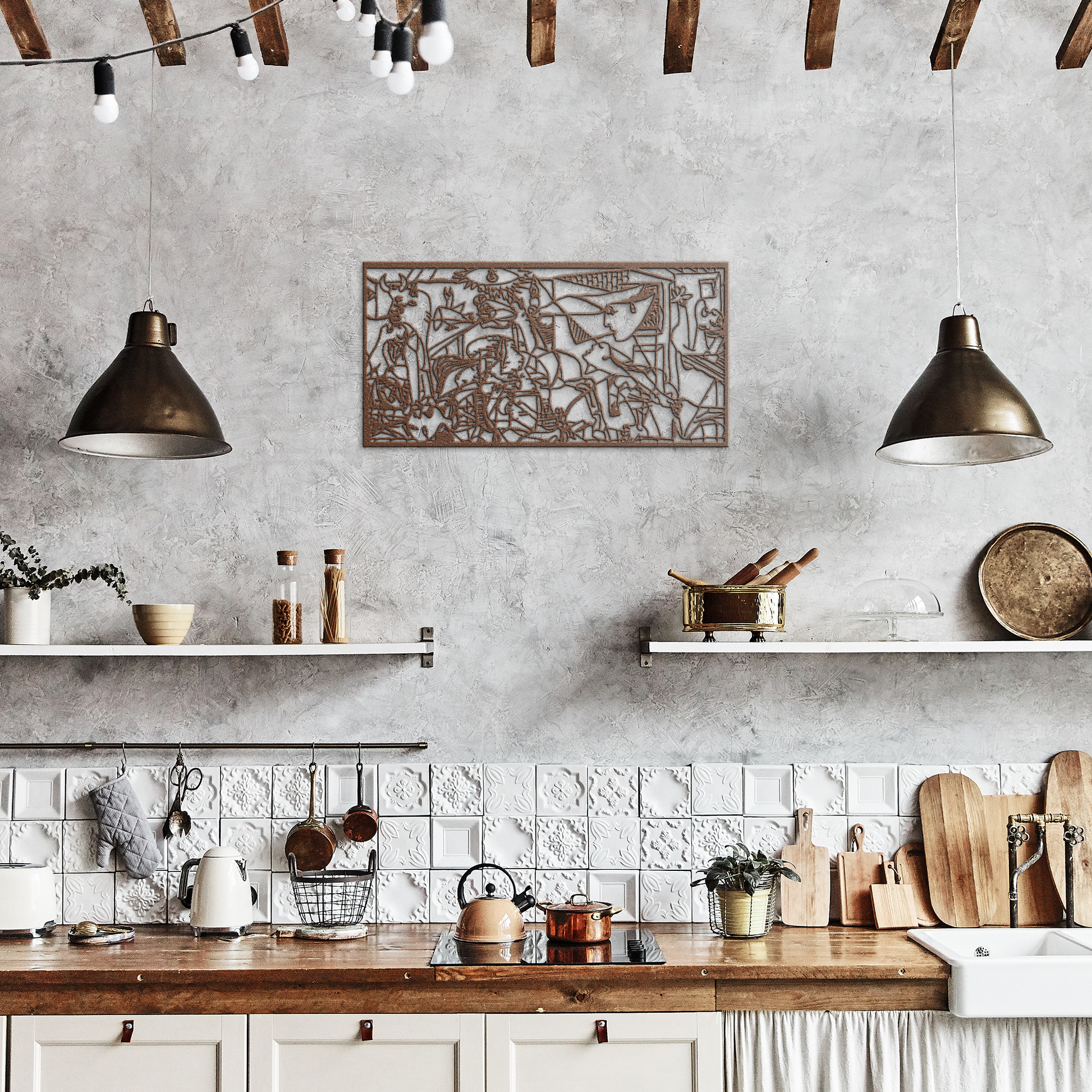 Guernica_Metal_Wall_Art_Pablo_Picasso_G_Copper_Rustic_Kitchen_Mockup.png