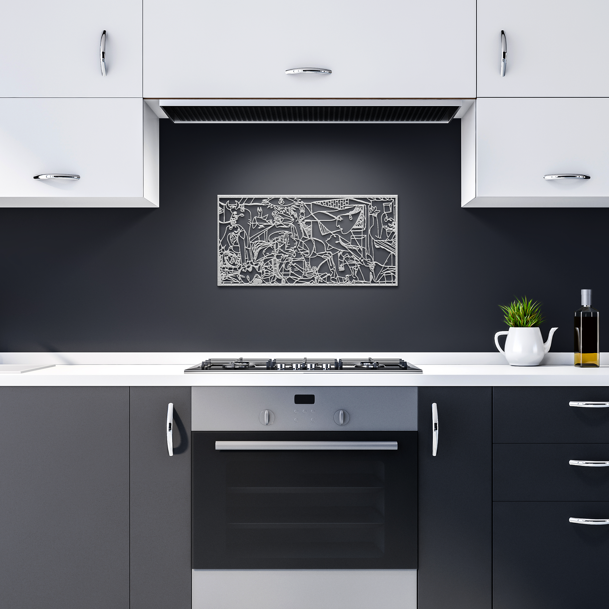 Guernica_Metal_Wall_Art_Pablo_Picasso_G_Silver_Dark_Kitchen_Mockup.png