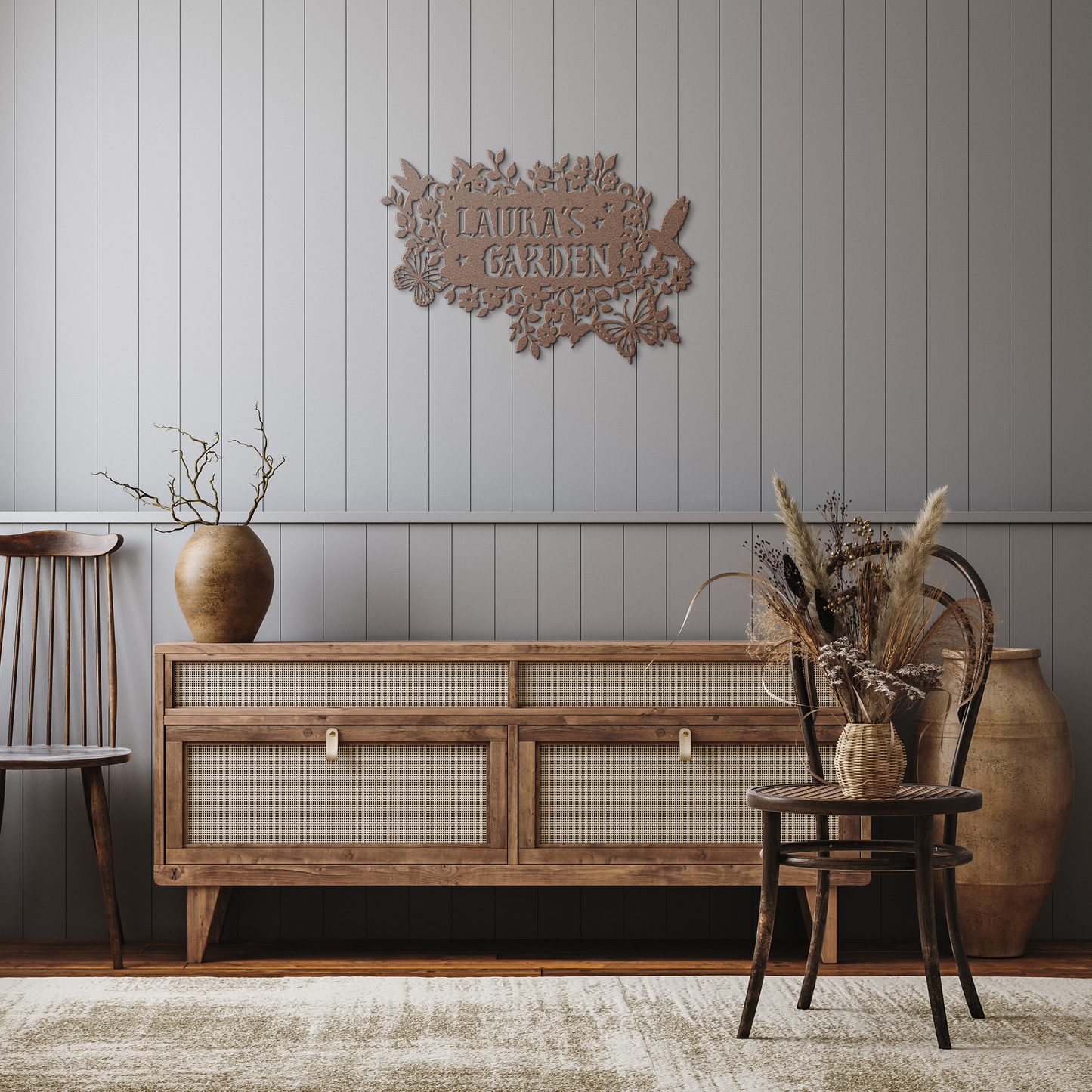 Hanging_Metal_Sign_Custom_Secret_Garden__Copper_Rustic_Hallway_Mockup.png