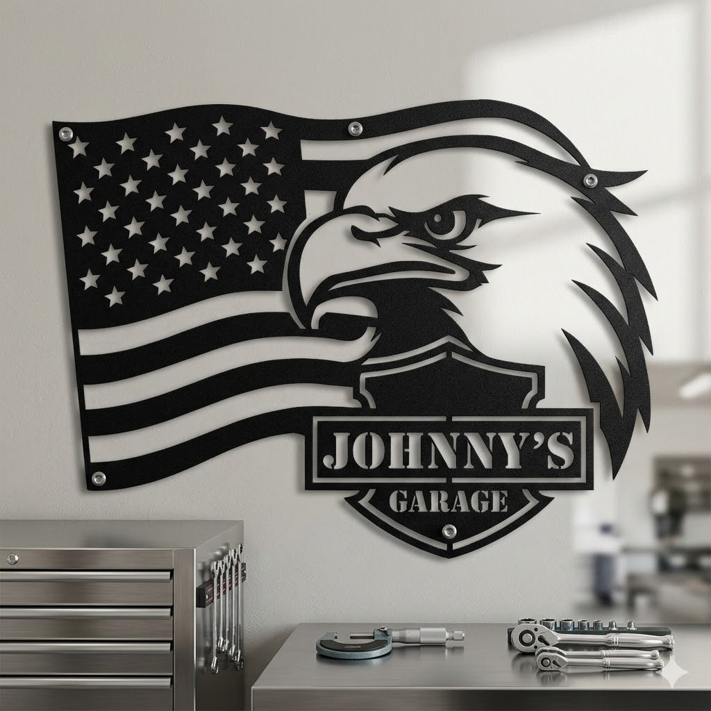 Custom Eagle Flag metal garage sign personalized biker wall decor