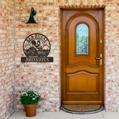 Hen_House_Metal_Sign__Personalized_Ch_Black_Brick_Entrance_Mockup.png