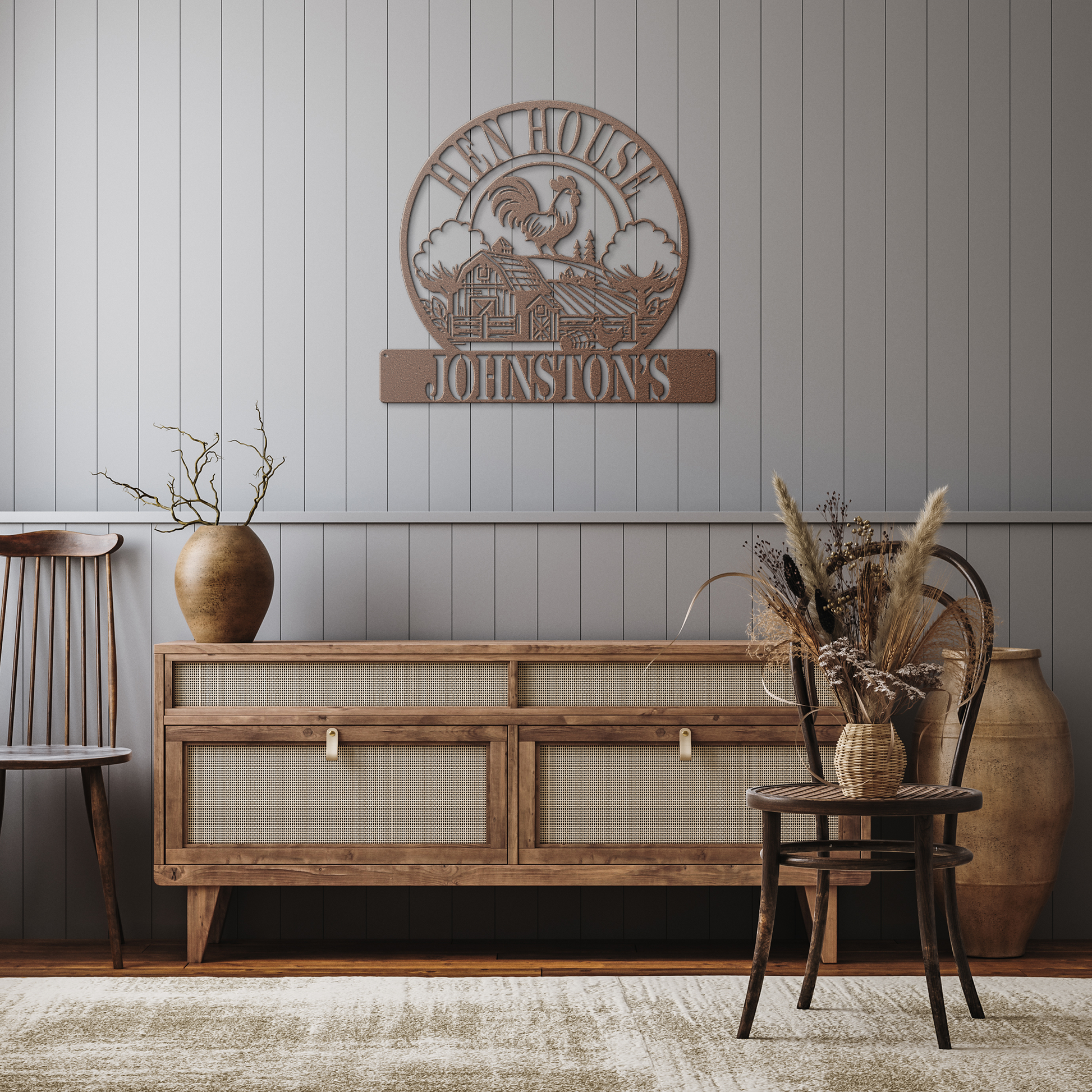 Hen_House_Metal_Sign__Personalized_Ch_Copper_Rustic_Hallway_Mockup.png