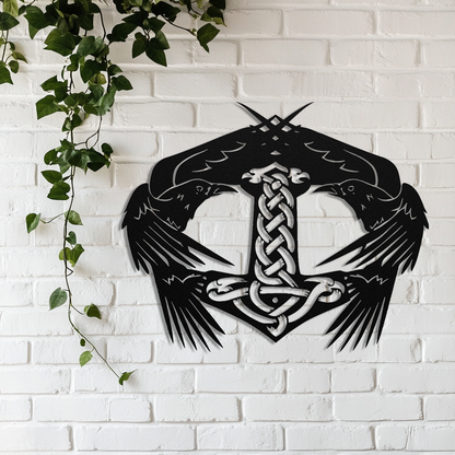 Mjölnir and raven wall art