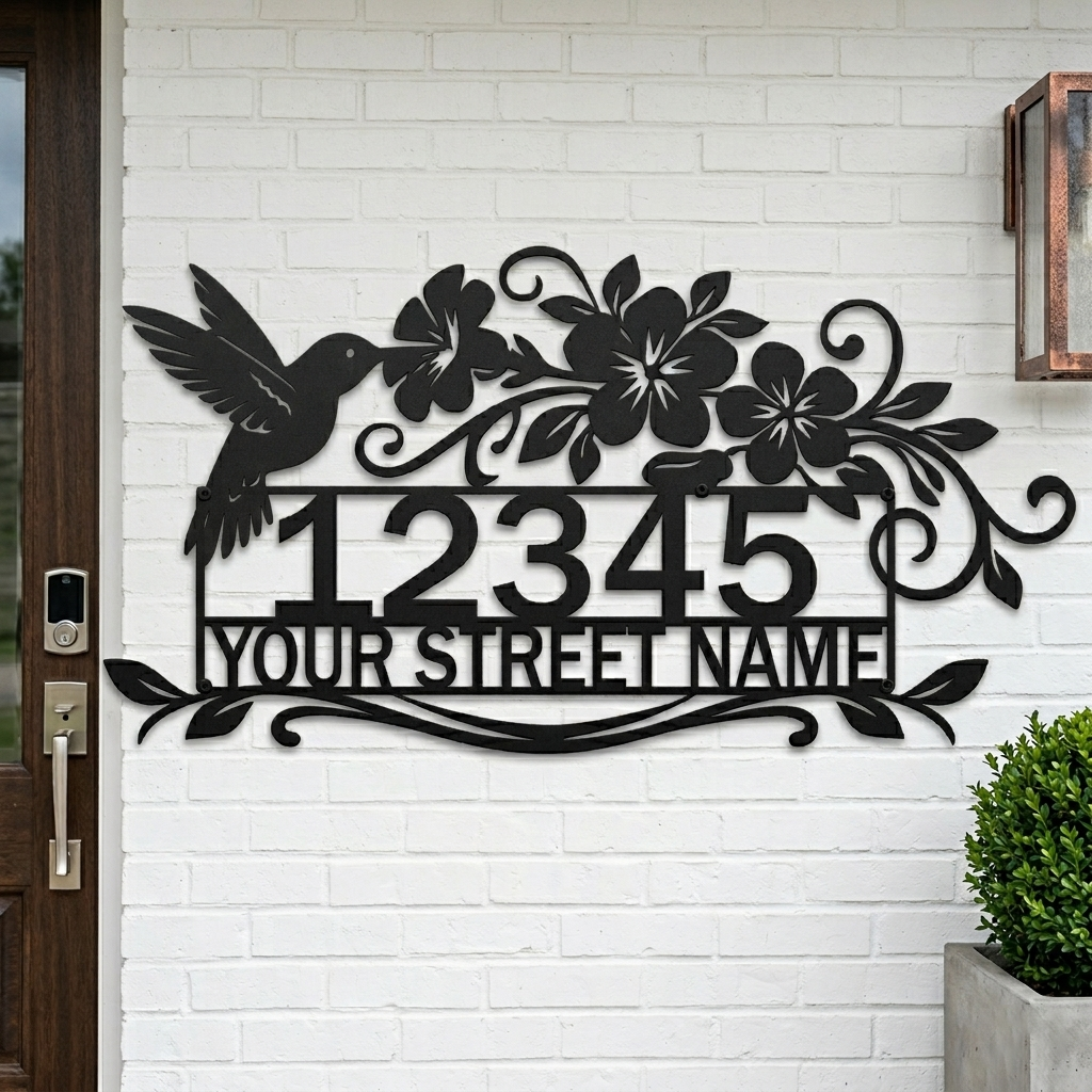 Hummingbird floral metal address sign in black showing custom house number