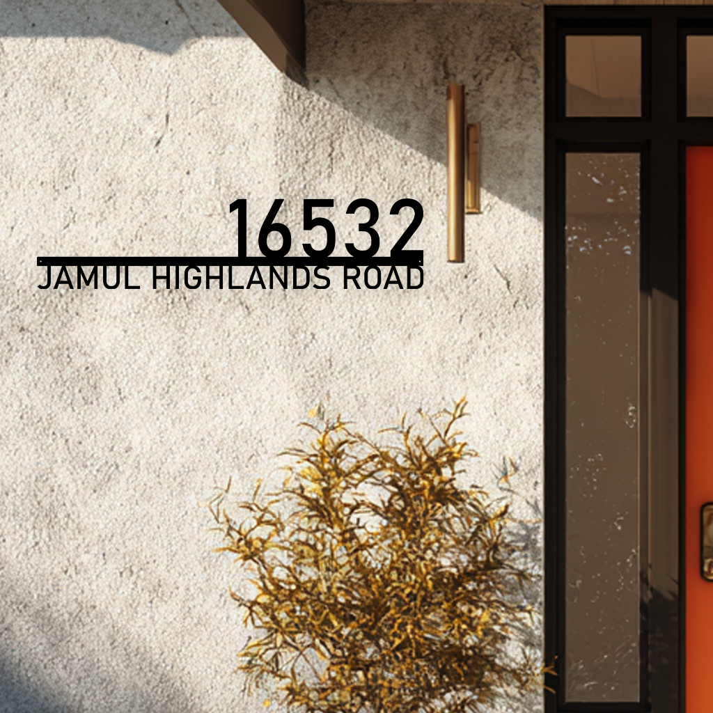 Modern metal house number sign with street name