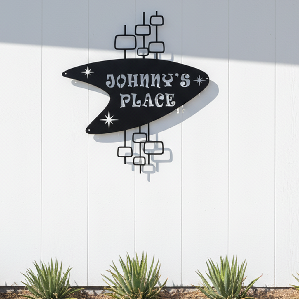 Mid century modern boomerang metal sign