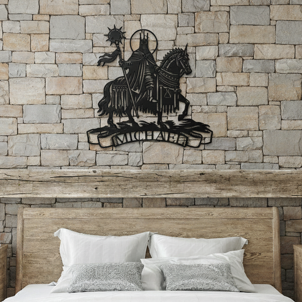 medieval knight on horse metal banner crest wall art