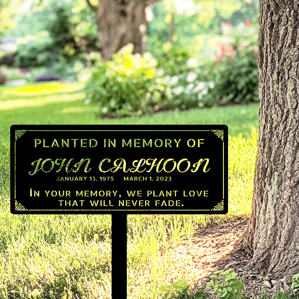 Personalized remembrance plaque in red powder-coated metal