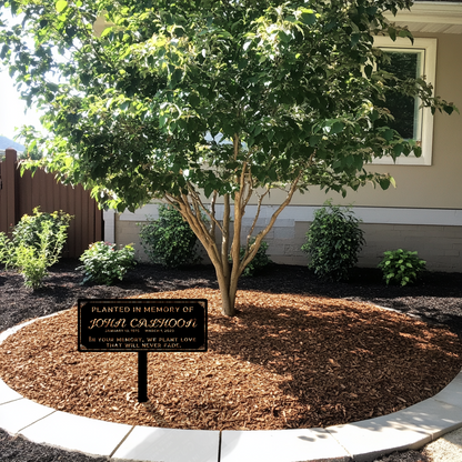 Close-up of engraved name on durable garden marker