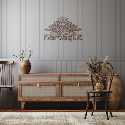 Namaste_Metal_Sign__Lotus_Flower_Wall_Copper_Rustic_Hallway_Mockup.png