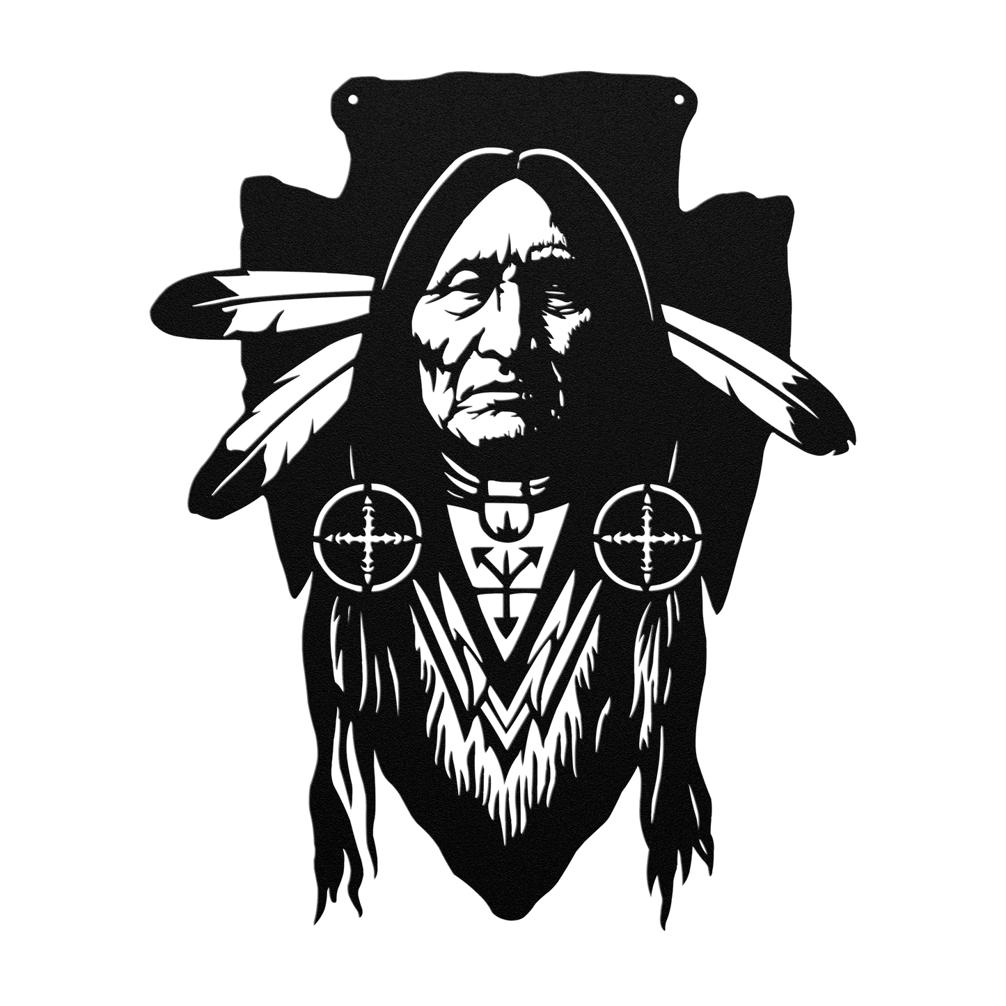 Red tribal warrior wall decor displayed above a stone fireplace