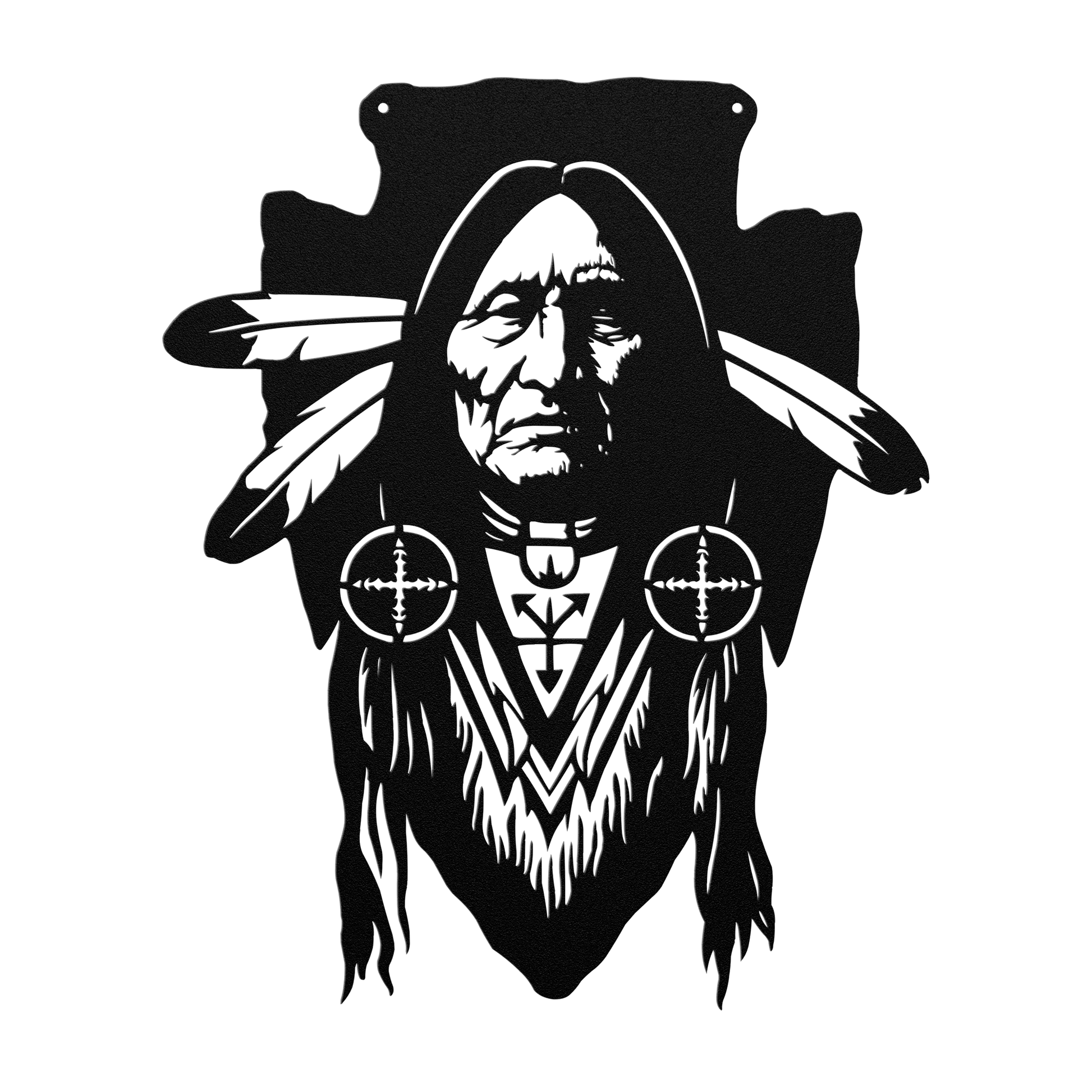 Red tribal warrior wall decor displayed above a stone fireplace