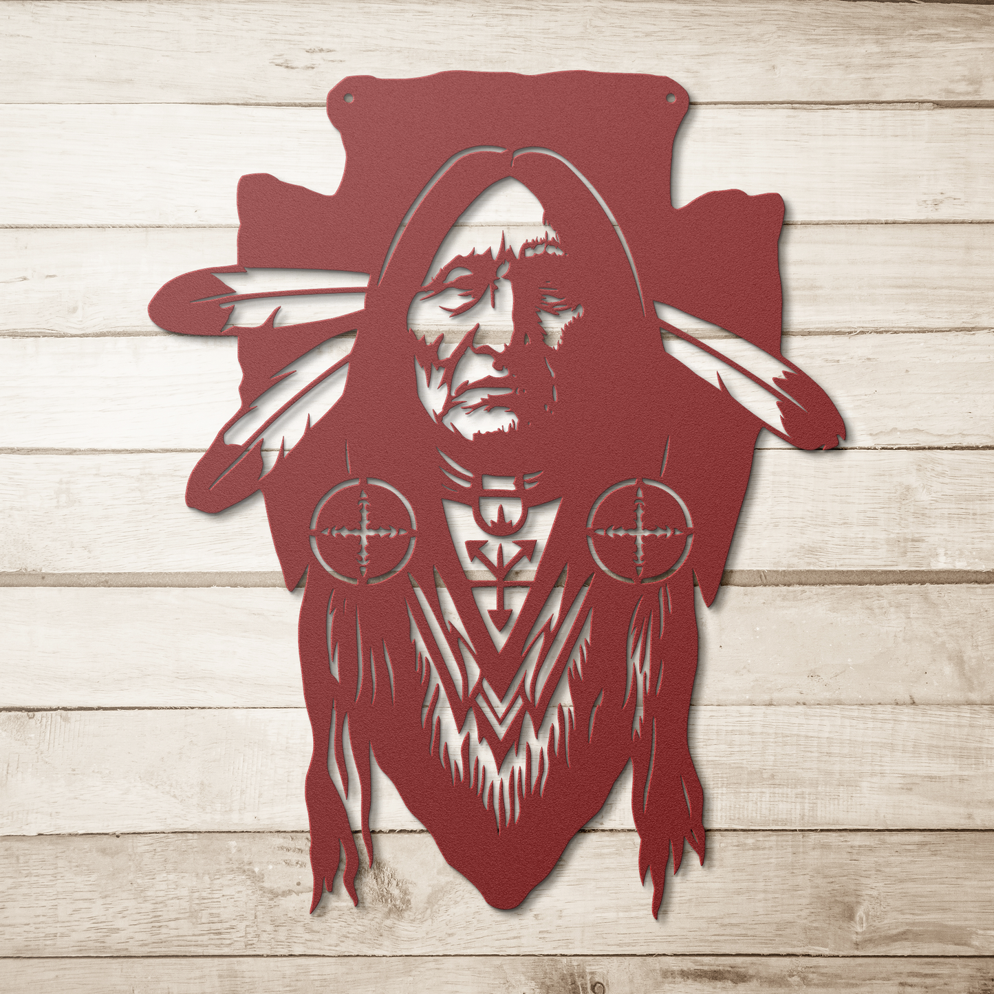 Native American chief warrior metal sign in black mounted on wood wall