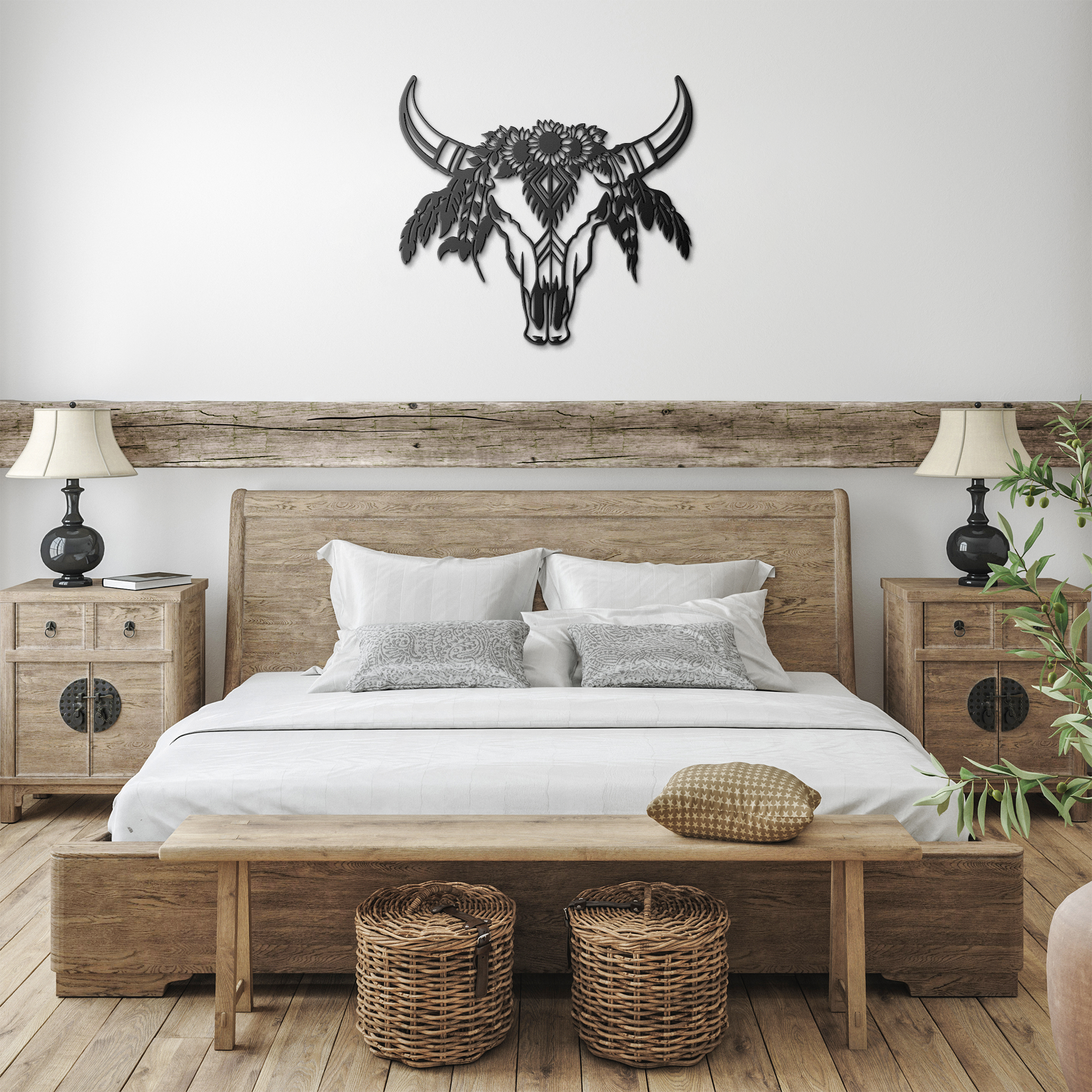 Native_American_Floral_Cow_Skull_Metal_S_Black_Farmhouse_Bedroom_Mockup.png