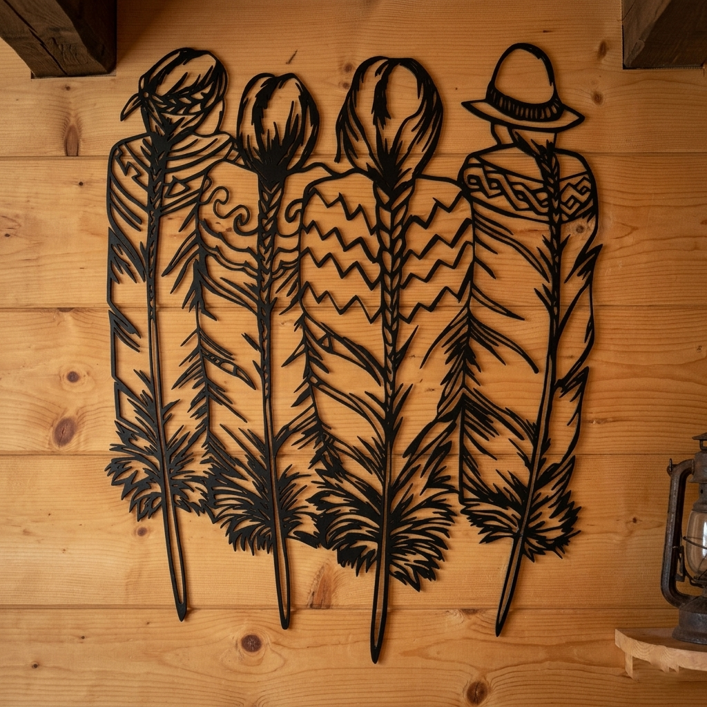 Southwest Native American woman metal wall art with feather details