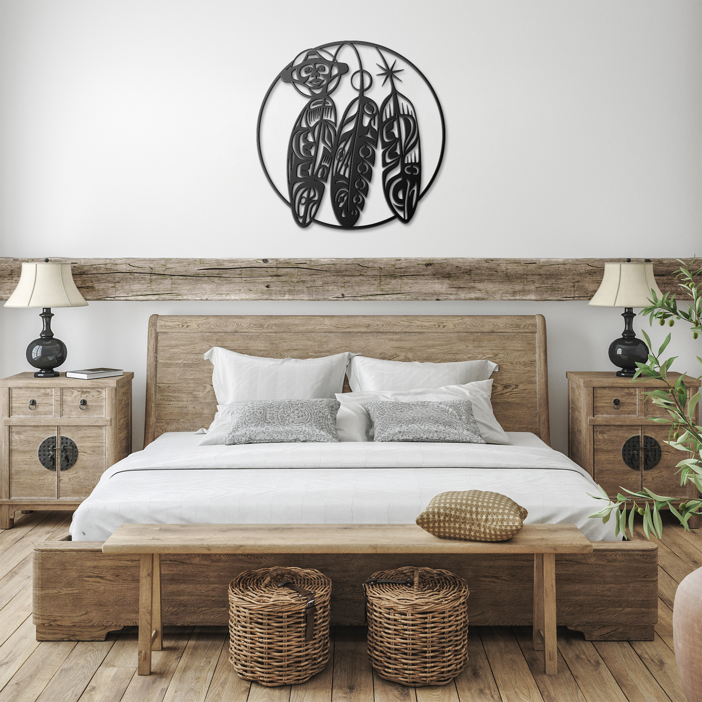 Northwest_Tribal_Feathers_Metal_Sign__C_Black_Farmhouse_Bedroom_Mockup.png