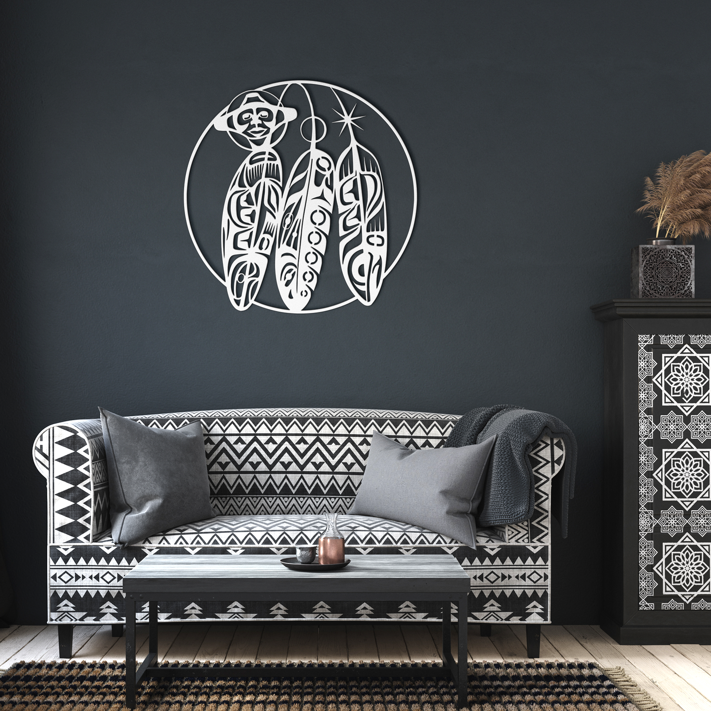 Northwest_Tribal_Feathers_Metal_Sign__C_White_Dark_Living_Room_Mockup.png