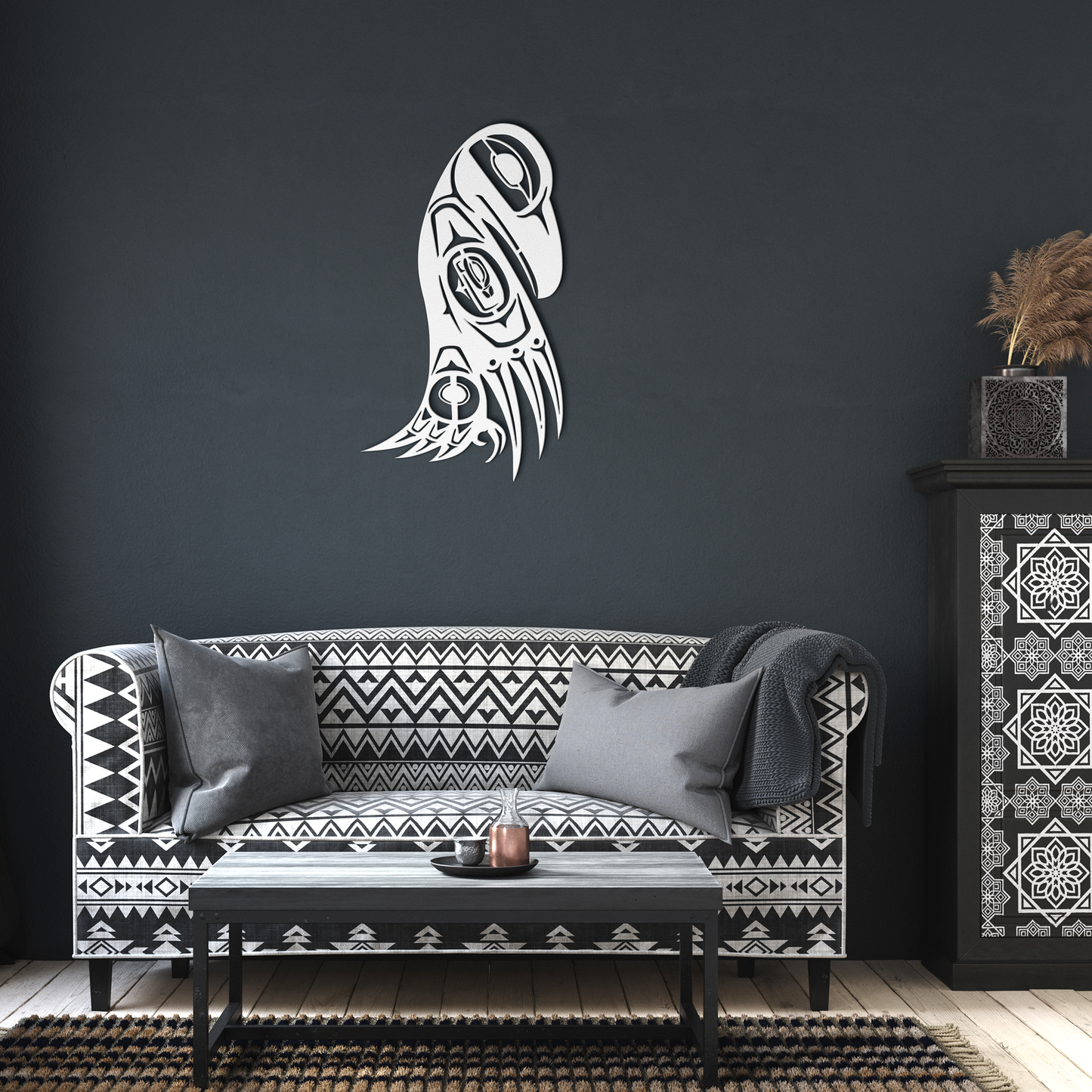 Northwest_Tribal_Raven_Totem_Pole_Metal__White_Dark_Living_Room_Mockup.png