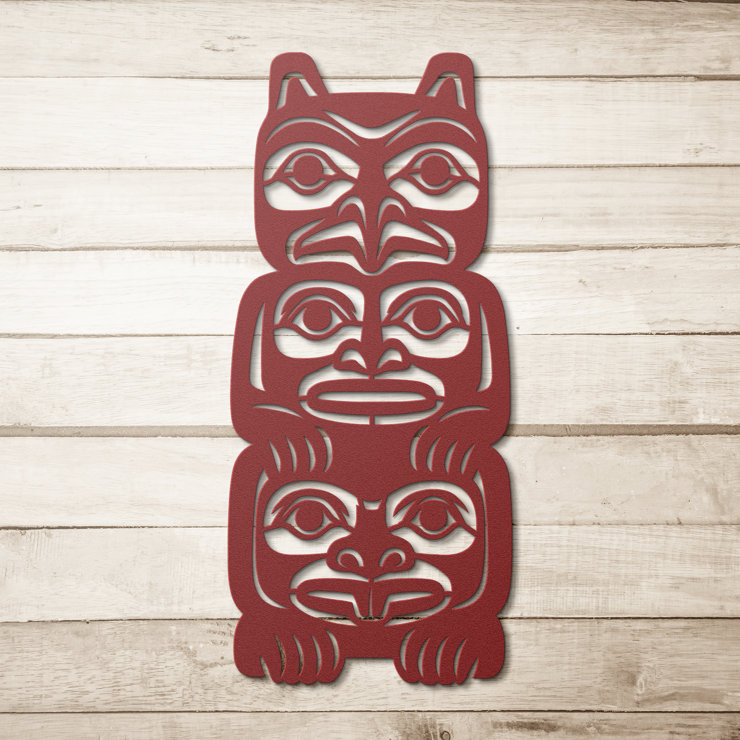 Northwest_Tribal_Totem_Pole_Metal_Sign__Red_Simple_Wood_BKGD_Mockup.png