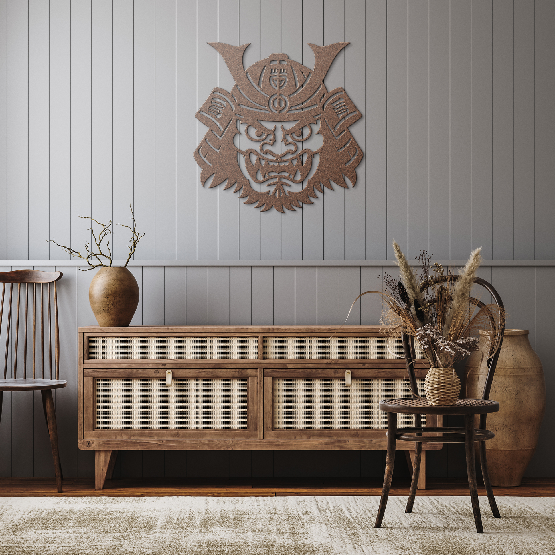 Oni_Samurai_Mask_Metal_Sign__Japanese_Copper_Rustic_Hallway_Mockup.png