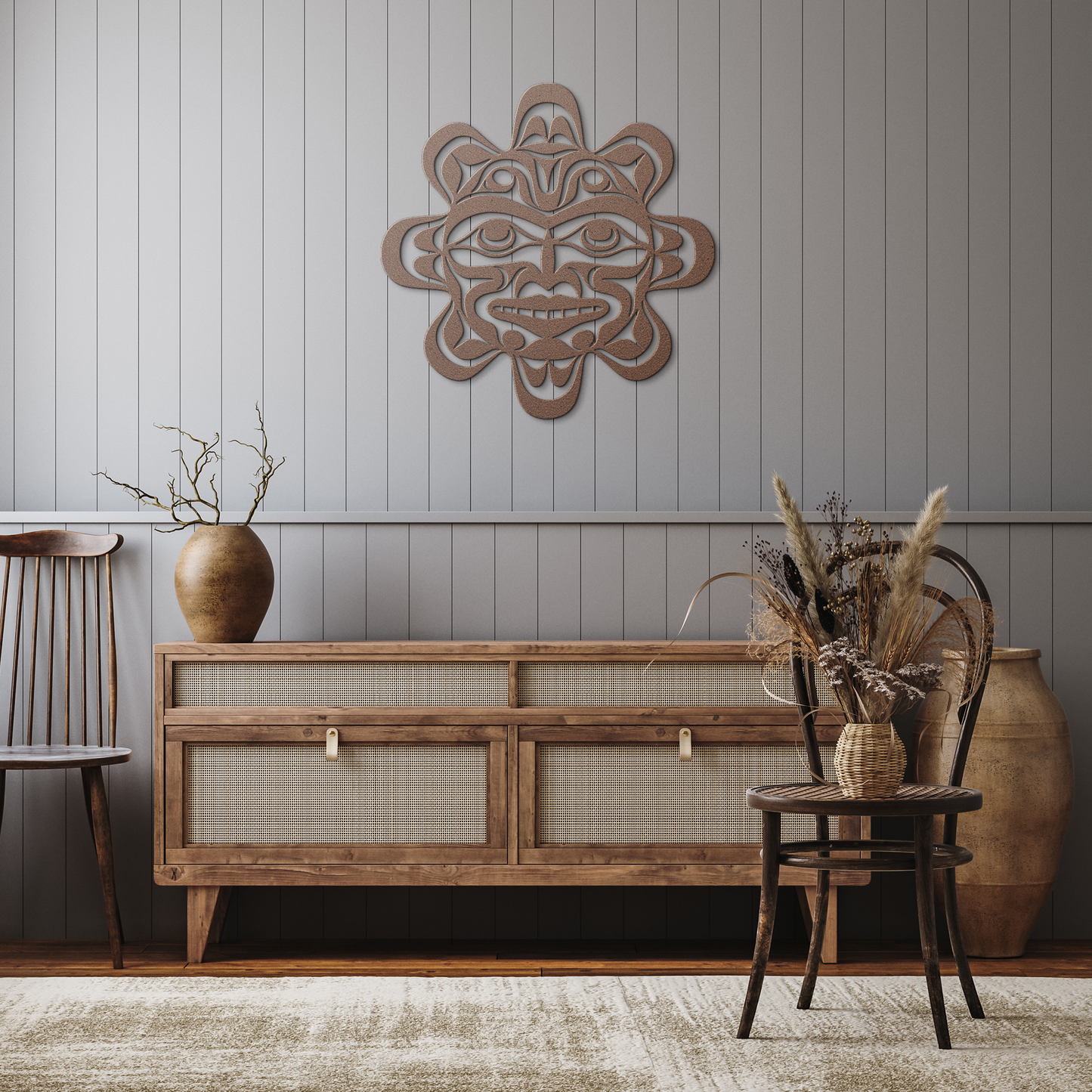 Pacific_Northwest_Tribal_Sun_Metal_Sign__Copper_Rustic_Hallway_Mockup.png