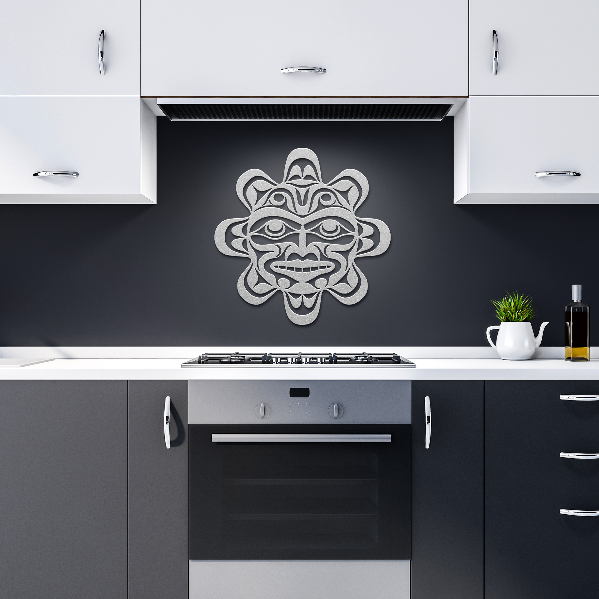 Pacific_Northwest_Tribal_Sun_Metal_Sign__Silver_Dark_Kitchen_Mockup.png